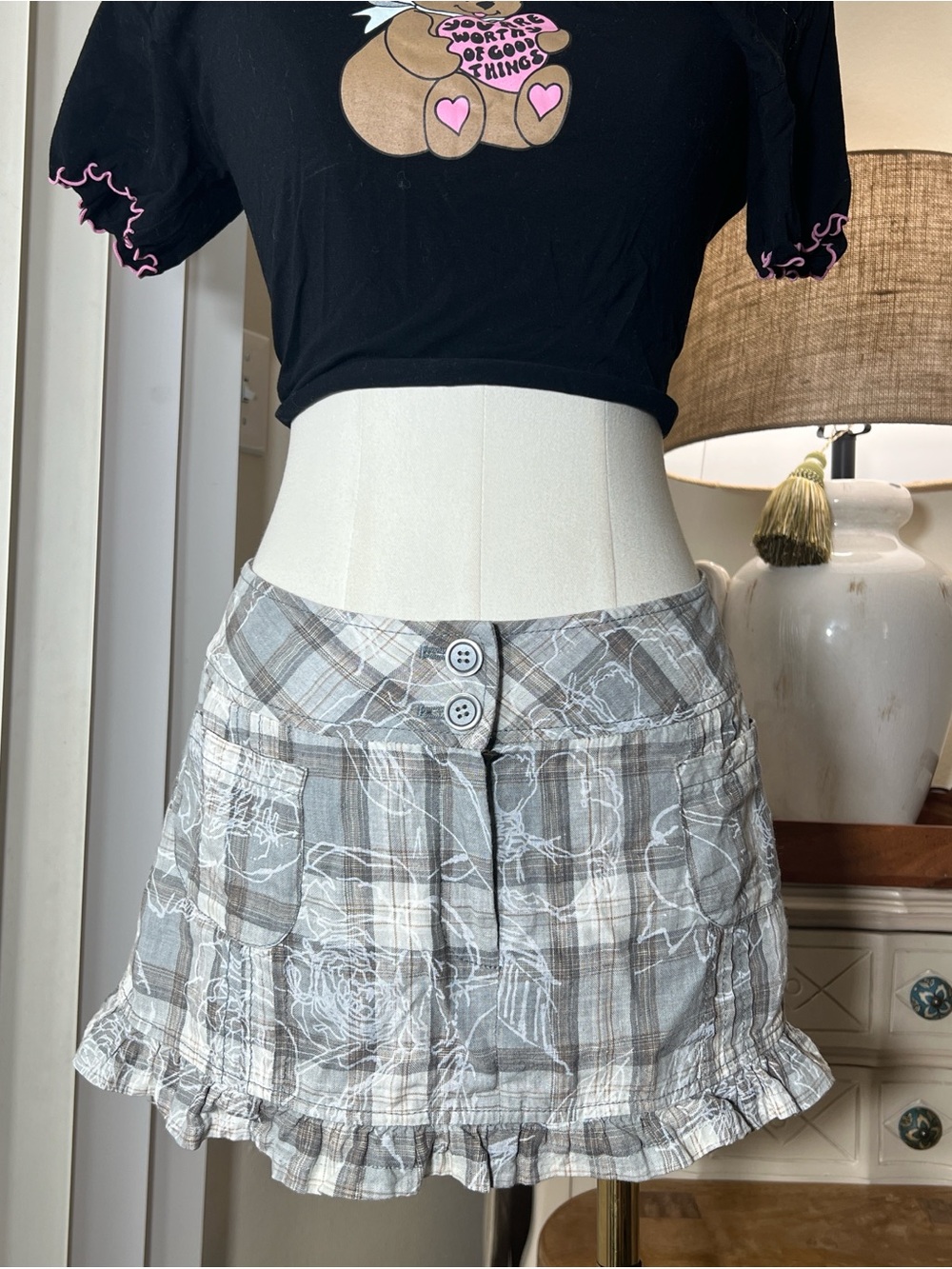 Plaid Floral Ruffle Mini Skirt in Gray and Cream